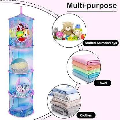 Basumee Stuffed Animals Net or Hammock 2 Pcs Stuffed Animals Storage Toy Net Hammock for Plushies Storage Organizer Mesh Kids Girls Room Decor, Blue Teal, 4 Tiers