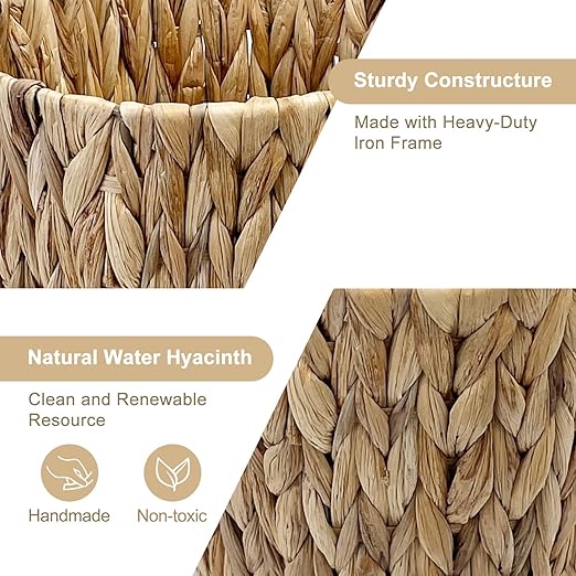 Water Hyacinth Wicker Trash Can, Handwoven Natural Fiber Waste Basket, Small Boho Decorative Garbage Bin for Bathroom, Bedroom, Office, 7.5"×6.5"×11"