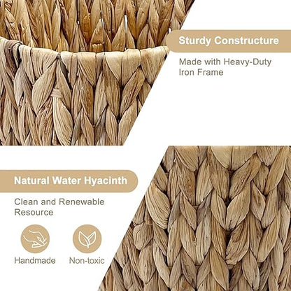 Water Hyacinth Wicker Trash Can, Handwoven Natural Fiber Waste Basket, Small Boho Decorative Garbage Bin for Bathroom, Bedroom, Office, 7.5"×6.5"×11"
