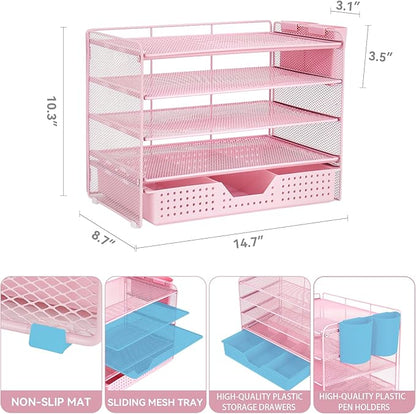 Desk Organizers and Accessories, 5-Tier Paper Letter Tray Organizer with Drawer & 2 Pen Holders, Desktop Organizer for Office Supplies (Pink)