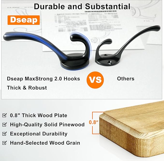 Dseap Coat Rack Wall: Patented, Heavy-Duty, 17.4" Long 5-Double-Hooks Wooden Wall Mounted Coat Rack Coat Hanger Hook Rail for Winter Coats Hat Jacket Clothing, Weathered Brown