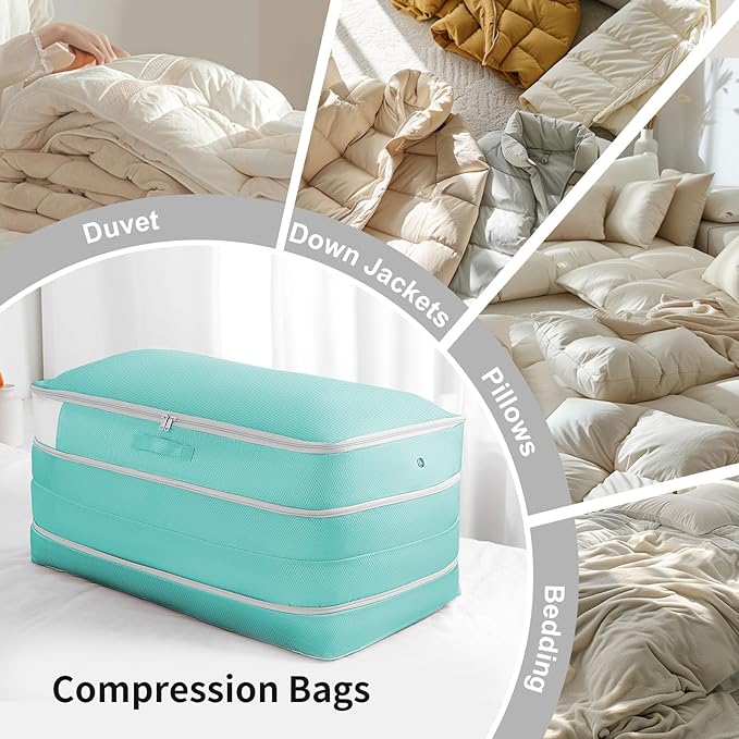 Easortm Comforter Storage Bag - Large Capacity Bedding Storage Bags Ultra Space Saving Self Compression Organizer, Washable Compression Bags for Storage Comforter Blanket Duvet Pillow, 4-Pack, Blue