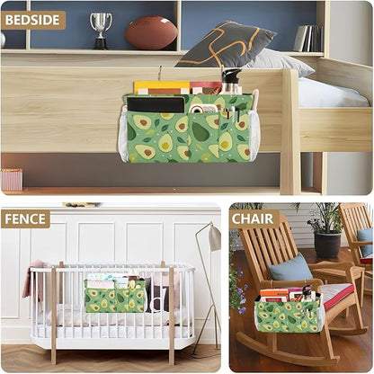 CuwrYet Bedside Caddy Hanging Bunk Bed Caddy Bed Organizer Hanging Pocket with 2 Hooks Bedside Storage Organizer Pocket Bag Holder Green Avocado and Leaf