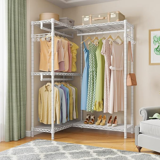 VIPEK L4 Garment Rack L Shaped Clothes Rack for Corner, Freestanding Portable Wardrobe Closet Heavy Duty Clothing Rack with 3 Hanging Rods & 2 Side Hooks, 43.3"Lx29.1"Wx76.4"H, Max Load 810LBS, White