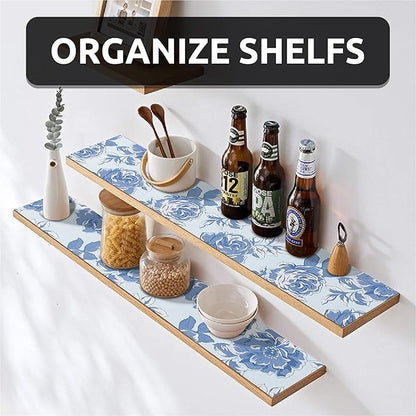 FIFTY FEET 18X96 Inch Shelf Liner for Kitchen Cabinets, PVC Drawer Liner for Dresser Non-Slip Bathroom, Non-Adhesive Cabinet Liner Washable (Blue Flower)(1 Roll)