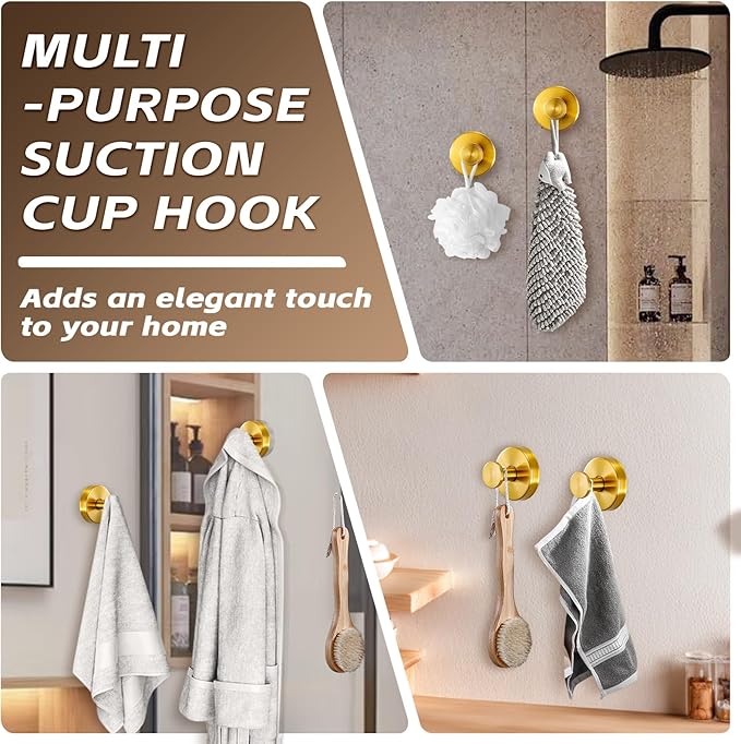 Supopular Reusable Heavy Duty Suction Cup Hooks for Kitchen/Bathroom/Shower - Wet-Proof Hooks for Towels, Robes, Loofah&Wreaths/No Drill Mounting on Glass, Tile, Metal (4, Brushed Gold)