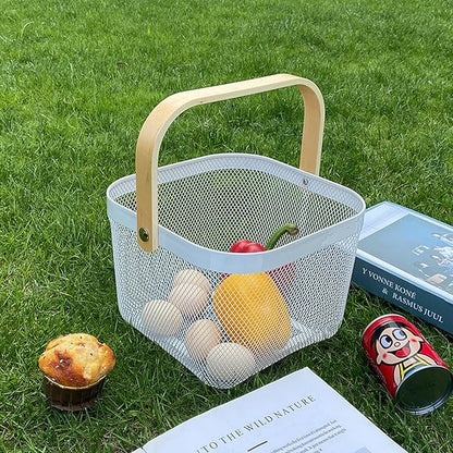 Metal Mesh Wire Basket, Small Steel Basket with Wooden Handle Storage Organizer Basket Multi-functional Hanging Kitchen Baskets Fruit Baskets for Kitchen Bathroom Cabinet Pantry Snacks, White