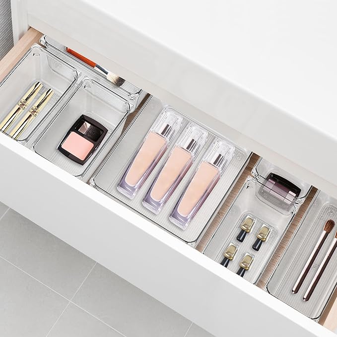 Ravinte Decor 4 Pack Drawer Organizer - 3" X 3" Clear Acrylic Storage Bins with Non-Slip Pads, Versatile Desk Tray for Makeup, Jewelry, Kitchen, Bathroom, and Office Organization