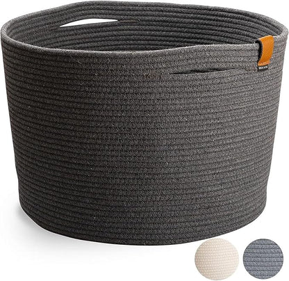 DENJA & CO Extra Large Blanket Basket for Living Room - Decorative Woven Baskets for Storage | Cotton Rope Large Baskets for Blankets, Pillows, Toys, or Laundry | Charcoal Gray (21" x 13.8")