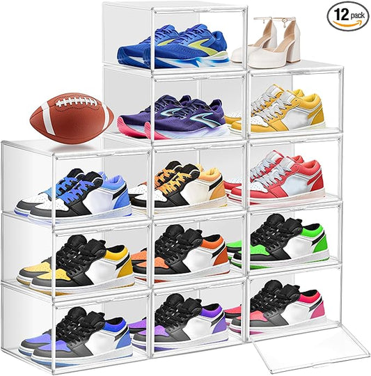 EZJOB 12 Pack Clear Shoe Organizer for Closet, Large Stackable Sneaker Boxes Shoe Display Box Handbag Organizer Plastic Storage Bins with Magnetic lids