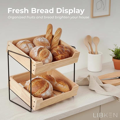 2-Tier Fruit Basket Countertop Organizer – Rubberwood & Metal Fruit Stand – Minimal Scandinavian Design Storage for Fruits, Vegetables, Bread & Snacks – Airflow Design, Easy Assembly