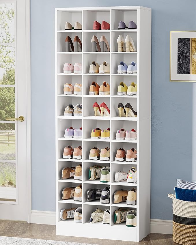 Tribesigns 10-Tier Shoe Storage Cabinet, White Wooden Shoe Rack with 30 Cubbies, Freestanding Tall Entryway Shoe Organizer for Closet, Entryway, Living Room