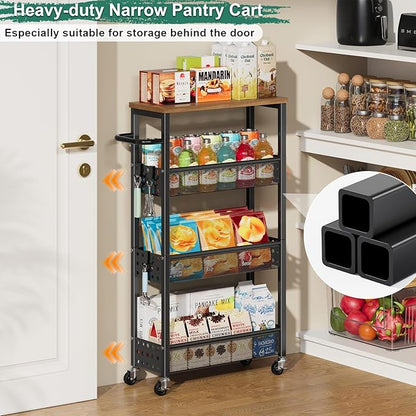 Utility Slim Storage Cart, Skinny Rolling Spice Rack with Table Top, Small Laundry Organizers and Storage Shelves for Between Washer and Dryer, Thin Shelf for Narrow Spaces, 4 Tier Bathroom Cabinet