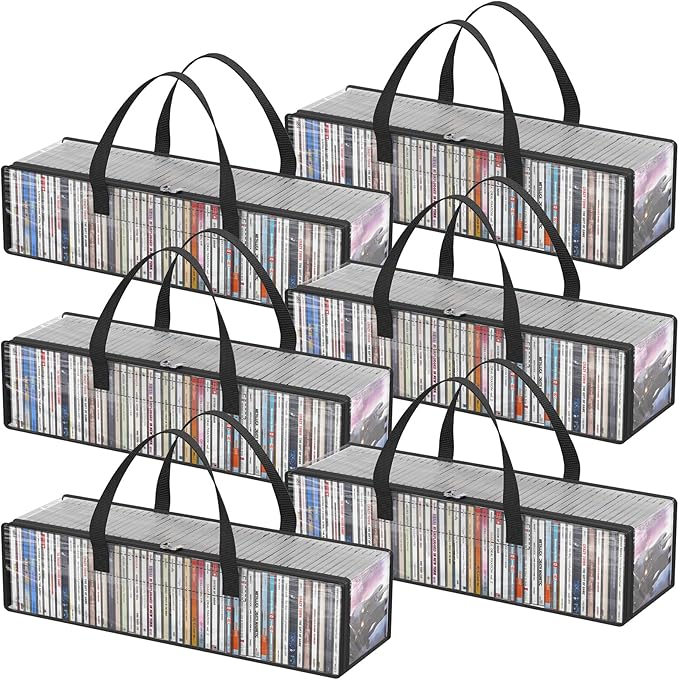 Lifewit CD Storage Bags, Clear PVC Plastic CD Case Holder with Handles, Front Window Zipper Design, Stackable Media Organizer Box for Albums, Hold up to 300 Pcs CDs (50 Each), 6 Pack