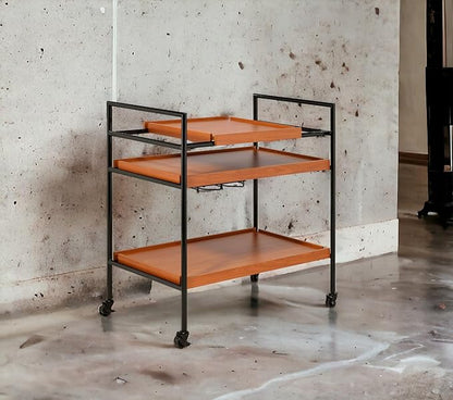 3-Tier Rolling Bar Cart, Honey Oak & Black Metal Frame, 29W x 14D x 33H inches