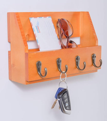 Flintar Wall Mounted Key and Mail Holder with 4 Hooks. Made of Solid Wood. Use as Key Rack, Entryway or Mudroom Organizer, Mail Sorter, Magazine Holder, Bill Sorter, Rustic Home Décor (Oak)