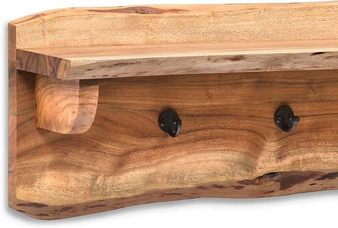 Alpine Natural Live Edge Wood Coat Hooks with Shelf – 36-Inch Wall-Mounted Home Storage Solution with Clear Finish and Unique Natural Wood Design by Alaterre Furniture