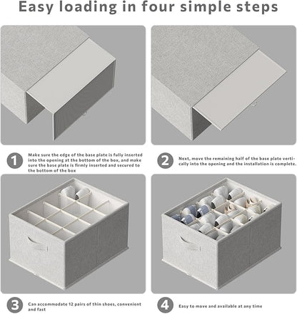 FHSQX 4 Pack Shoe Organizer for Closet,Foldable Shoe Organizer,Fits up to 48 Pairs,Storage Containers With Bottom Support for Shoes (Light Grey, (16.5 * 12.6 * 9.5) x4)