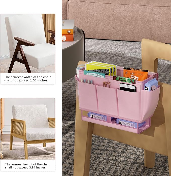 Frjjthchy Bedside Caddy, Bed Organizer with 11 Pockets and Power Strip Holder, Versatile Bedside Storage Caddy for Home,Dorm,Bunk,Hospital,Crib Bed (2 Pack Pink)