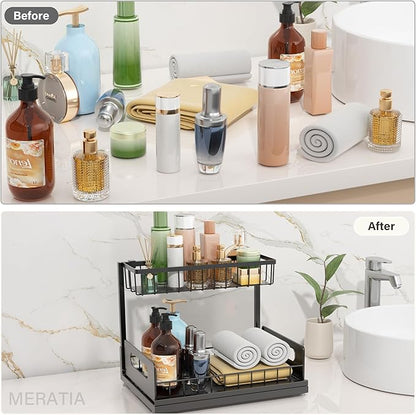 2 Pack Under Sink Organizer, 2 Tier Pull Out Cabinet Organizer,Slide out Metal Cabinet Organizers Multi-Purpose Drawer Shelf for Kitchen Bathroom Pantry Cabinet Closet Organization Rack,Black