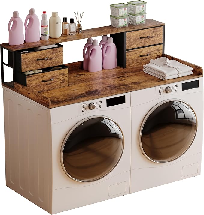 Washer and Dryer Countertop, 27.5" D x 53.9" W x 12.9" H Solid Wood Washer Dryer Countertop with Organizer Shelves with Four Drawers for Laundry Room Organization (Rustic Brown)