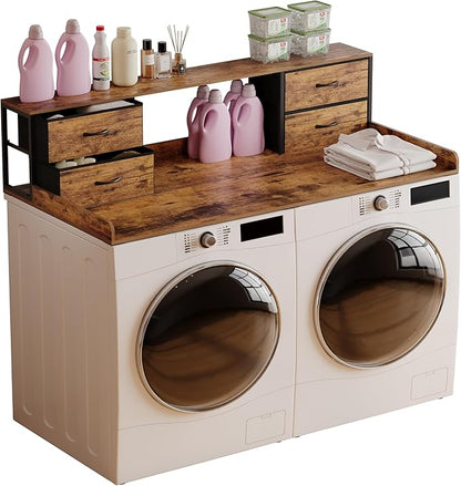 Washer and Dryer Countertop, 27.5" D x 53.9" W x 12.9" H Solid Wood Washer Dryer Countertop with Organizer Shelves with Four Drawers for Laundry Room Organization (Rustic Brown)