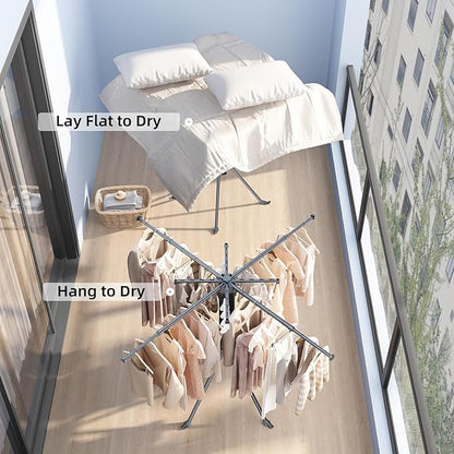 BIREN Clothes Drying Rack Foldable Extending Laundry Rack with 16 Clips Collapsible Clothing Rack Space-Saving Clothing Racks for Hanging Clothes, Indoor, Camping, Balcony, Outdoor