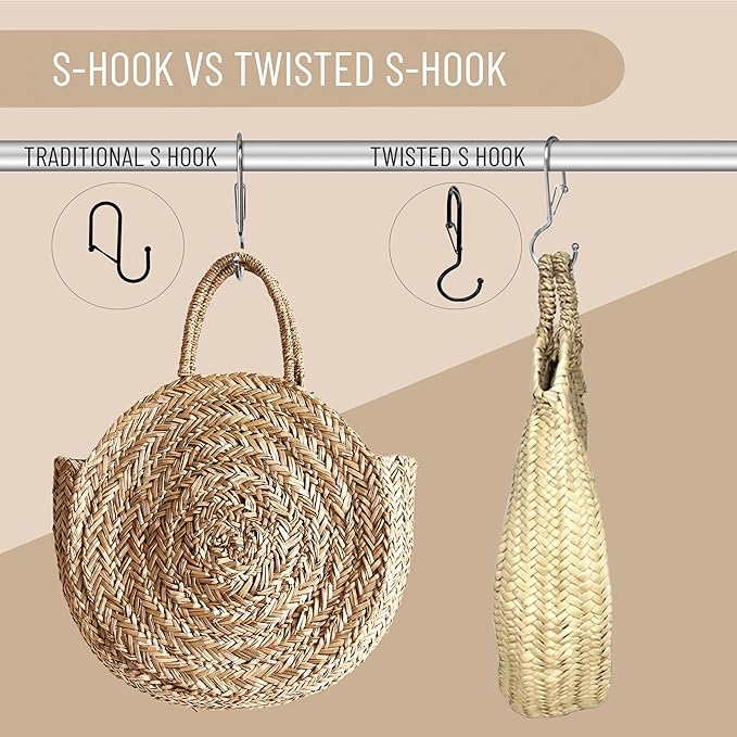 Blau Marité 6 Purse Hanger for Closet. Tote Hanger. S-Shaped Hooks S Hooks Twist Design. Anti Drop S-Shaped Hook for hanging handbags with Safety Buckle to Prevent Falls. Heavy Duty. (Silver, Twisted)