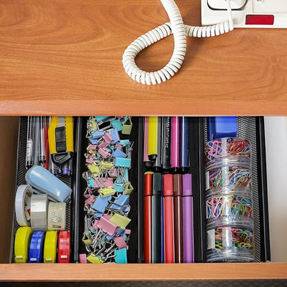 4PCS Drawer Organizer for Kitchen,Utensil Mesh Drawer Organizer with Interlocking Arm for Cosmetic,Flatware,Pen (9 * 3 * 2 Inches,Black)