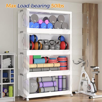 360QT Extra Large Stackable Storage Bins with Lid, 90Gal Plastic Closet Organizers and Storage Drawer, Collapsible Cabinet Box with Wheels Clear Doors for Home Kitchen Office, 3Pack White