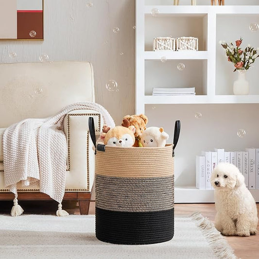 VIPOSCO Tall Laundry Basket, Large Dirty Clothes Hamper with Leather Handle, Woven Rope Storage Basket for Blanket, Toy In Living Room, Bathroom, Bedroom - 53L Brown & Black