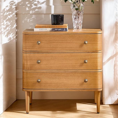 HULALA HOME Modern End Table with Charge Station, 3 Drawer Wood Side Table with Solid Wood Legs & Adjustable Feet, Curved Design End Table, Oak