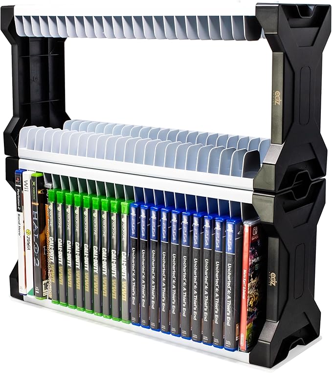 ADZ Universal Game Holder – 46 Game Storage Tower Rack for PS2 PS3 PS4 PS5 PSP Xbox 360 Xbox One Series X Wii Switch Games DVD and Blu-Ray Disks. Includes 2 Controller Mounts (White)
