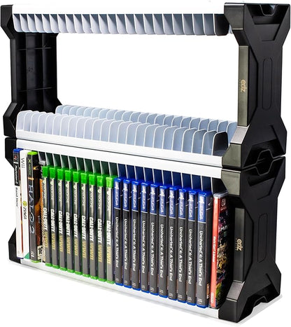 ADZ Universal Game Holder – 46 Game Storage Tower Rack for PS2 PS3 PS4 PS5 PSP Xbox 360 Xbox One Series X Wii Switch Games DVD and Blu-Ray Disks. Includes 2 Controller Mounts (White)