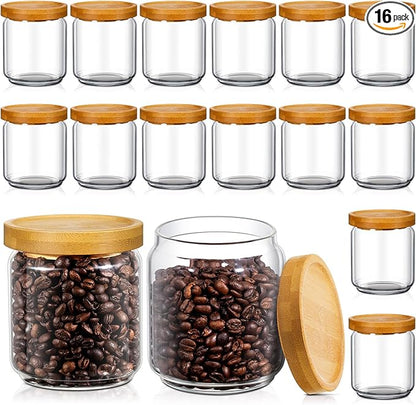 Irenare 16 Pack Glass Containers Canister Set, 17 oz Food Storage Spice Jars with Airtight Lids, Clear Kitchen Containers for Coffee Sugar Tea Beans Nuts Candy Pantry Organization (Bamboo)