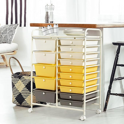 DORTALA 15-Drawer Rolling Storage Cart with Drawers, Rolling Utility Cart w/Removable Drawers & Universal Wheels, Tools Scrapbook Paper Organizer for School, Office, Home, Classroom (Yellow)