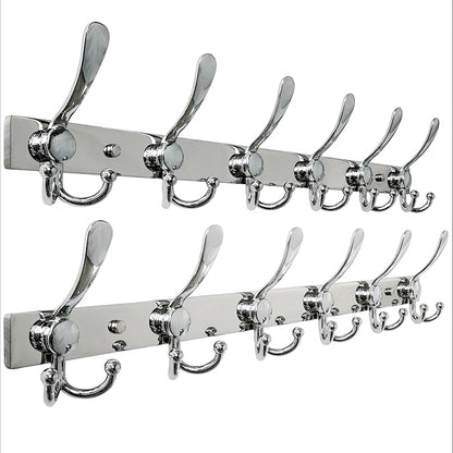 Dseap Coat Rack Wall Mount 2.0 Pro: 24” Long, 3X Tougher, Heavy Duty Stainless Steel Wall Coat Hanger with 6 Tri Hooks for Clothes Jackets Hats Entryway Closet, Chromed, Pack of 2