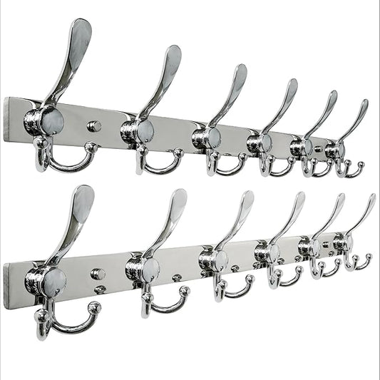Dseap Coat Rack Wall Mount 2.0 Pro: 24” Long, 3X Tougher, Heavy Duty Stainless Steel Wall Coat Hanger with 6 Tri Hooks for Clothes Jackets Hats Entryway Closet, Chromed, Pack of 2