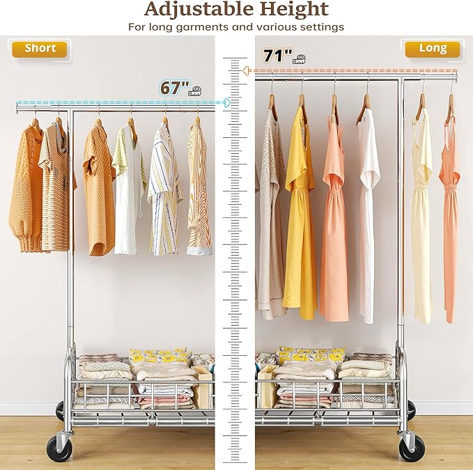 Raybee Heavy Duty Clothes Rack 485 LBS, Rolling Clothing Rack with Storage Basket and Sturdy Wheels, Clothing Racks for Hanging Clothes, Wardrobe Closet Rack for Bedroom, Boutiques, Laundry, Silver