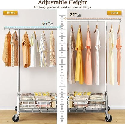 Raybee Heavy Duty Clothes Rack 485 LBS, Rolling Clothing Rack with Storage Basket and Sturdy Wheels, Clothing Racks for Hanging Clothes, Wardrobe Closet Rack for Bedroom, Boutiques, Laundry, Silver