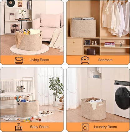 Large Storage Basket for Organizing, Blanket Basket for Living Room, Large Toy Baskets for Storage, Woven Cotton Rope Baskets for Blankets, Clothes, Shoes, Brown, 25”x16”x16” (105L)