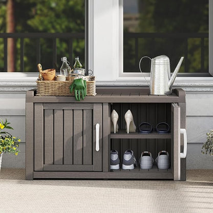 NUNU LAB Shoe Cabinet, Waterproof UV-Resistant Outdoor/Indoor Shoe Storage Cabinet with Adjustable Shelves, Shoe Organizer Bench with 2 Barn Doors for Foyer, Hallway, Living Room, Black