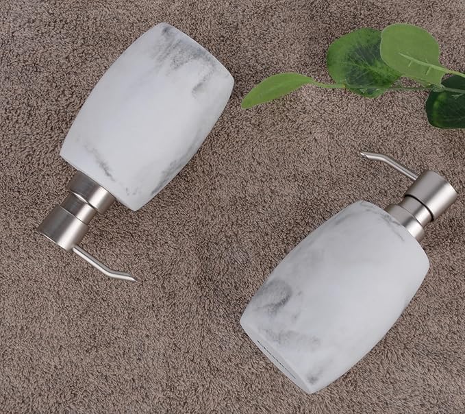 Clasin Home Resin Soap Dispenser Set 2, Refillable Hand Soap Dispenser with White Marble Look and Metallic Pump, Kitchen, Bathroom, Waterproof Labels (12 Oz)