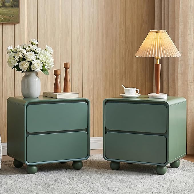 AVZEAR Small Night Stand with 2 Drawers, Mid Century Modern Nightstands with Solid Wood Legs, 2 Drawer Dresser Curved Profile Design End Table Side Table for Small Space, Dorm, Bedroom(Green)