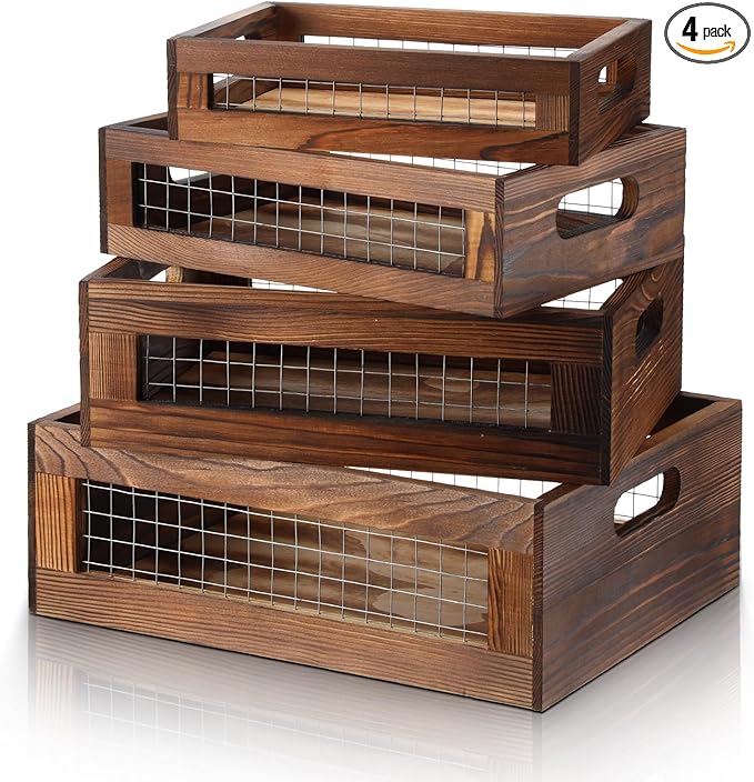 4 Pcs Wooden Nesting Countertop Baskets 4 Size Wooden Storage Box with Handle and Metal Wire Multipurpose Wood Organizer Crate for Fruit Vegetable Kitchen Cabinet Bathroom(Walnut,Small)