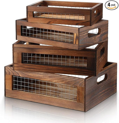 4 Pcs Wooden Nesting Countertop Baskets 4 Size Wooden Storage Box with Handle and Metal Wire Multipurpose Wood Organizer Crate for Fruit Vegetable Kitchen Cabinet Bathroom(Walnut,Small)