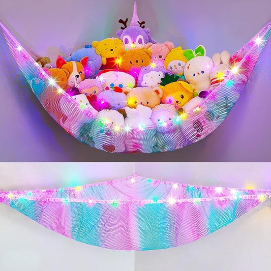 Unicorn Castle Stuffed Animals Net or Hammock Kids Toy Storage Organizer with LED Light Hanging Corner Stuffed Animals Holder Kids Girls Room Decor,Pink-Blue-Purple,Large (Pack of 1)