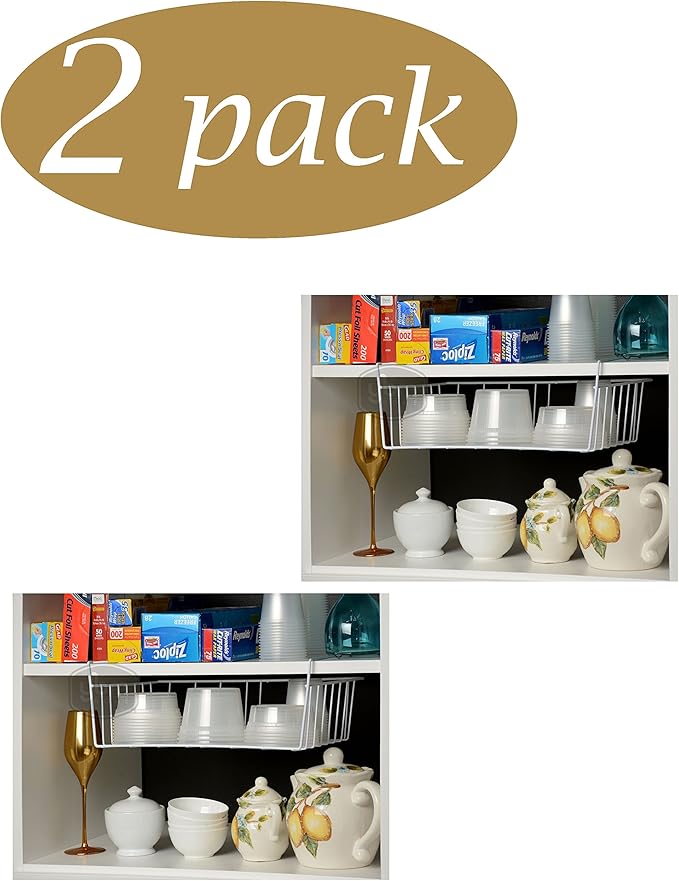 YBM HOME Under Shelf Wire Basket Storage Organizer for Kitchen Pantry - Hanging Storage Cabinet Organizer Rack Adds Extra Storage Space Underside the Shelf (2, Medium)