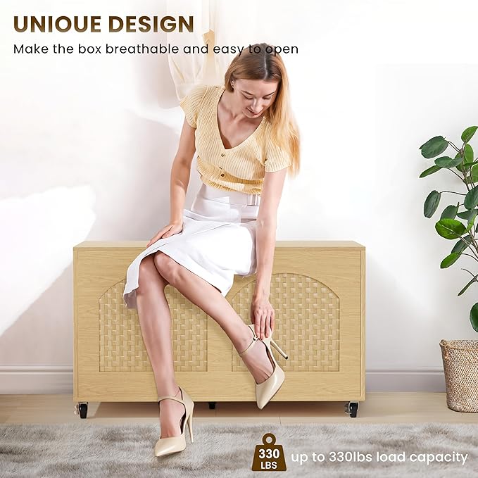 Storage Chest, Rattan-Style Toy Storage Bench with Lid and Wheels, Square Storage Trunk for Entryway, Bedroom, Living Room(Wood)
