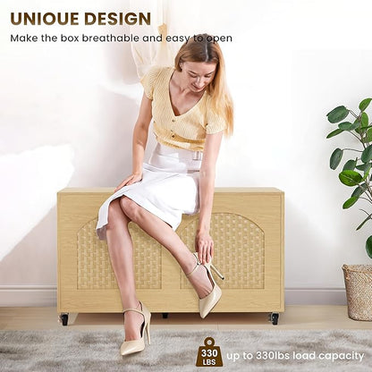 Storage Chest, Rattan-Style Toy Storage Bench with Lid and Wheels, Square Storage Trunk for Entryway, Bedroom, Living Room(Wood)